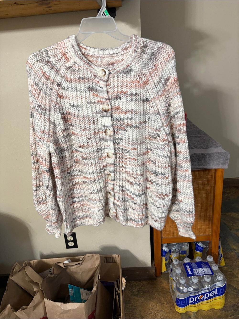 Soft Marled Crewneck Button Cardigan in Cream and Peach